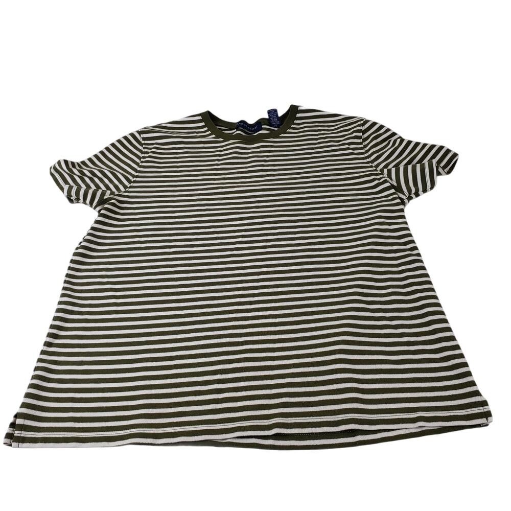 Karen Scott Shirt Womens Medium Striped Green White Crew Neck Side Slit Tee Top